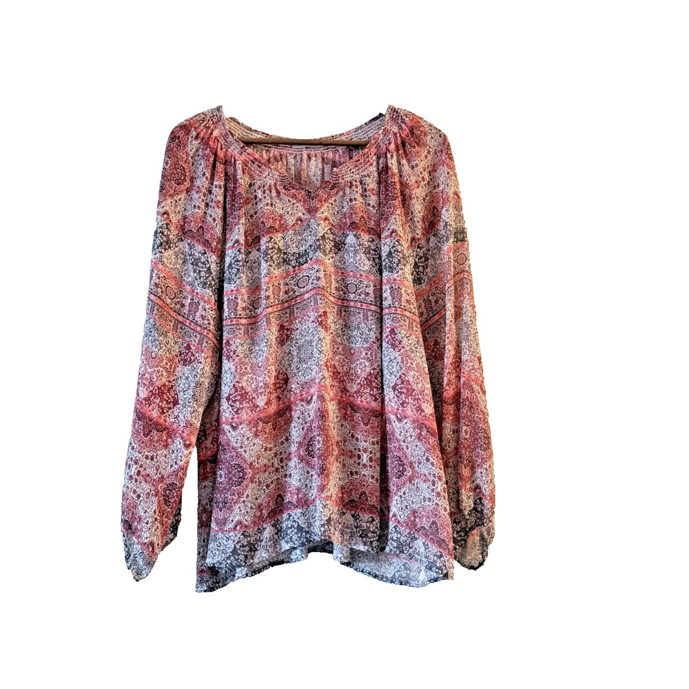 Garnett Hill Women's 100% Silk Top L Long Sleeve Pullover Boho Art Gathered L